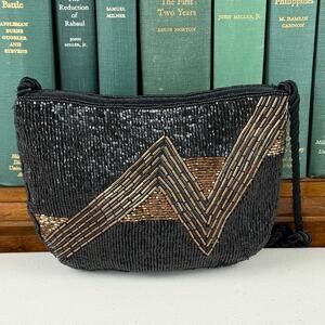Vtg Small Black Beaded Handbag Purse Zip Corded Strap 70's Retro Chic Glam